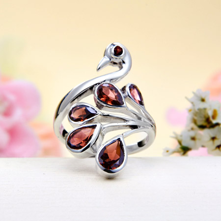 JeGem Sterling Silver Garnet Swan Ring - Symbol Of Love, Purity and Grace Jewelry
