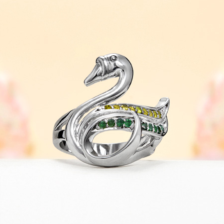 JeGem Sterling Silver Multi-Color Diamond Swan Ring - Symbol Of Love, Purity and Grace Jewelry