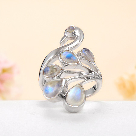 JeGem Sterling Silver Rainbow Moonstone Swan Ring - Symbol Of Love, Purity and Grace Jewelry